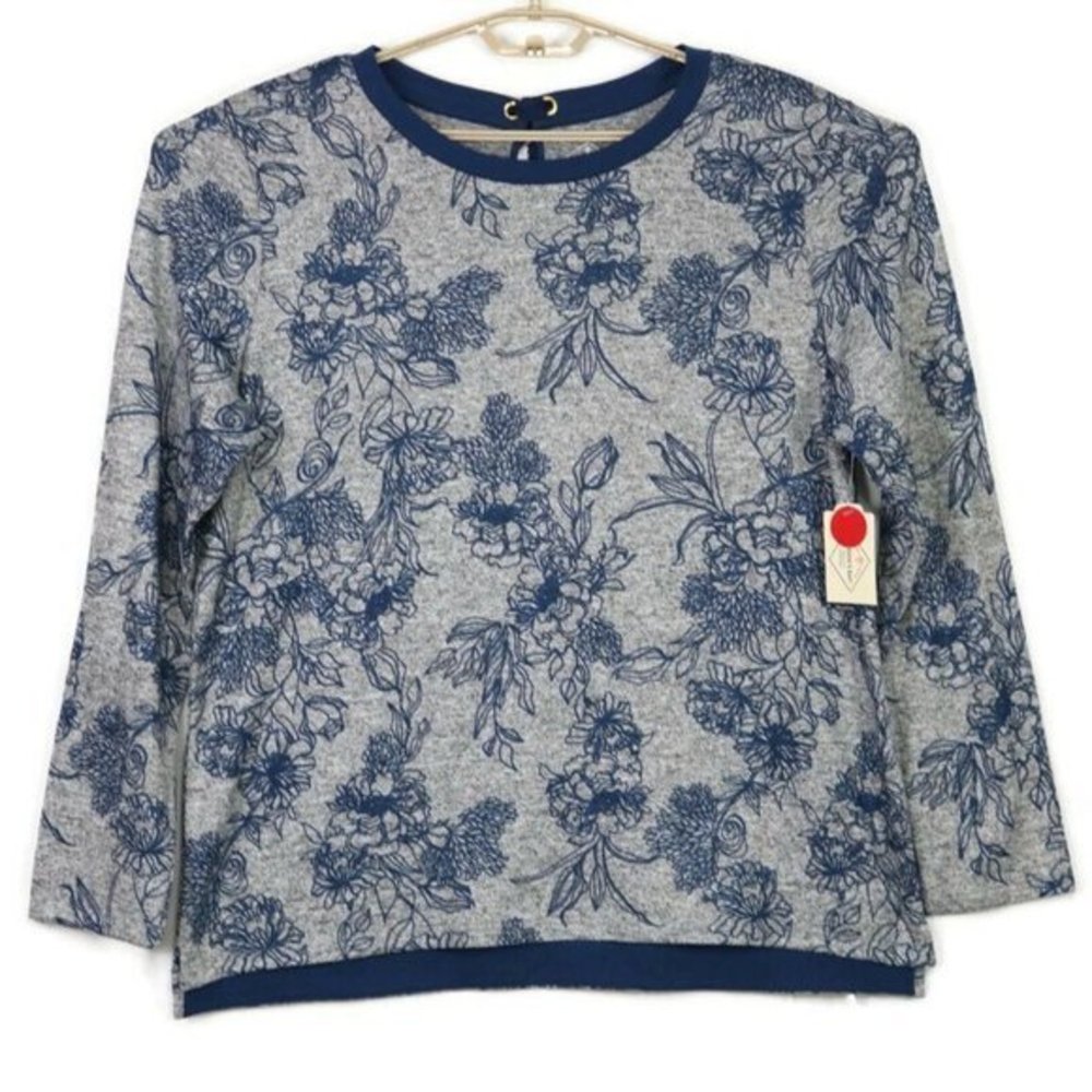 St John's Bay Shirt Top Tunic Grey Blue Floral Knit Long Sleeve XL